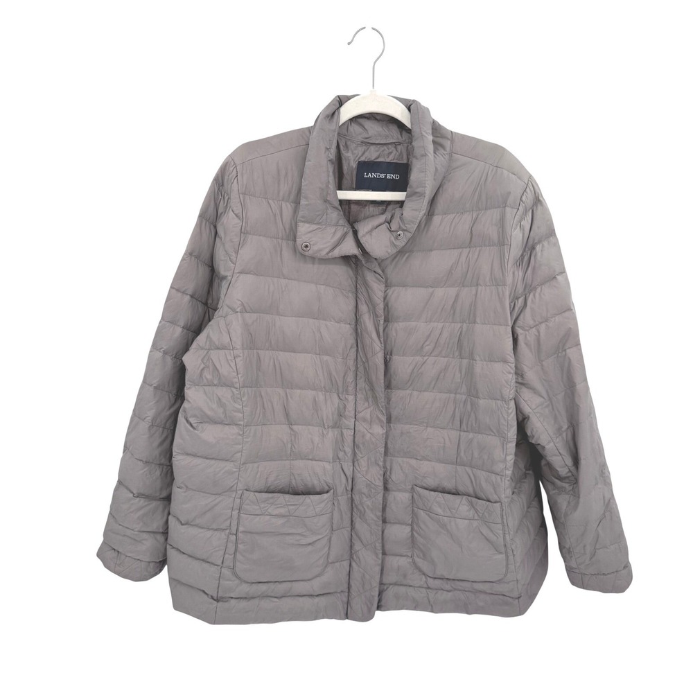 Lands End Womens 2X Taupe Gray Down Puffer Jacket Quilted Snap Zip Coat 20W-22W